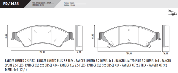 PASTILLA FRENO FORD Ranger XLS / XLT 4x2 4x4 2.5 (2012/…)1.0