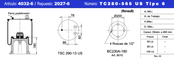 CONJ. U.S.(32-525) TIPO6 NEUMACARG 1 PERNO 2 NIPLES 3/4 RENAULT TC280-565